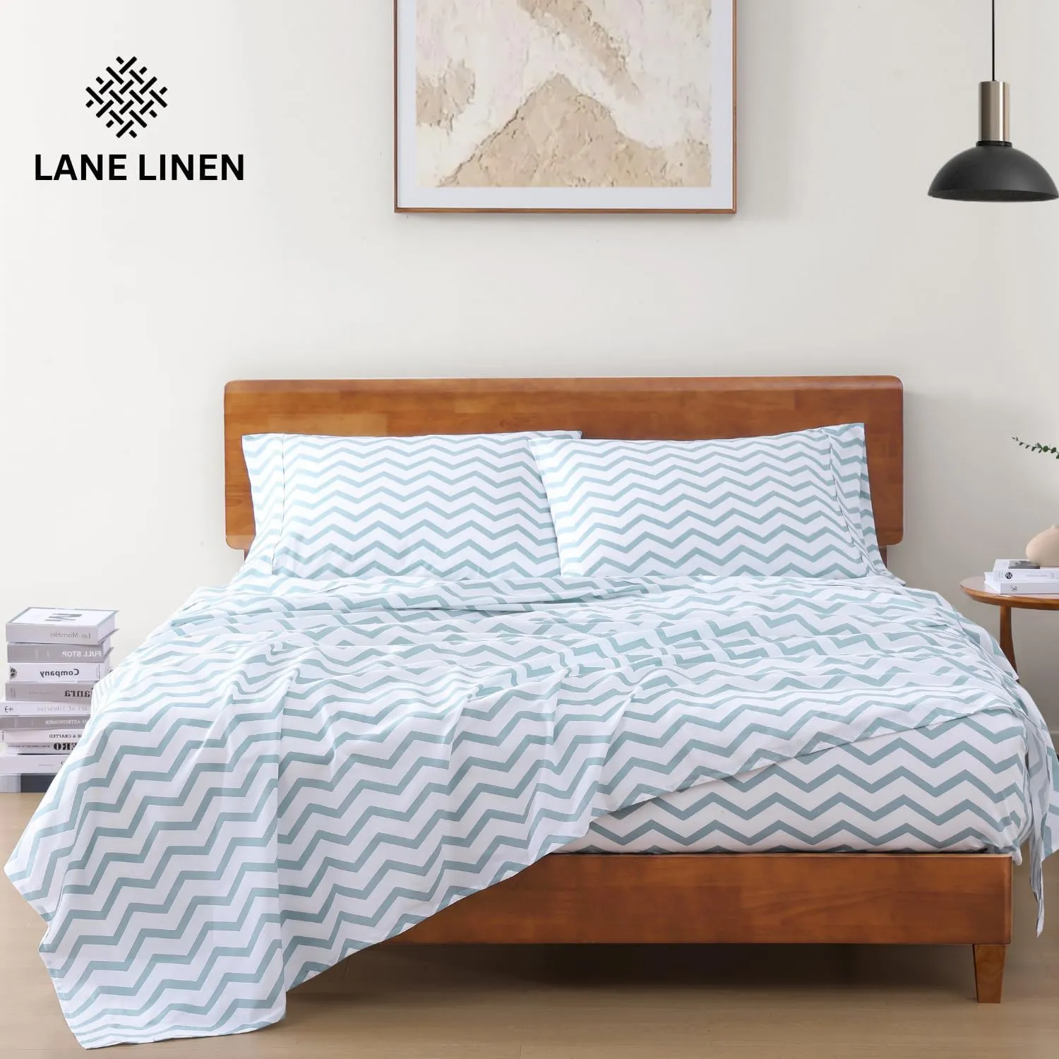 LANE LINEN 100% Organic Cotton Queen Sheets, 4-Piece Set, Luxury Percale Weave, Breathable, RV Queen Size Deep Pockets Cool Blue Chevron