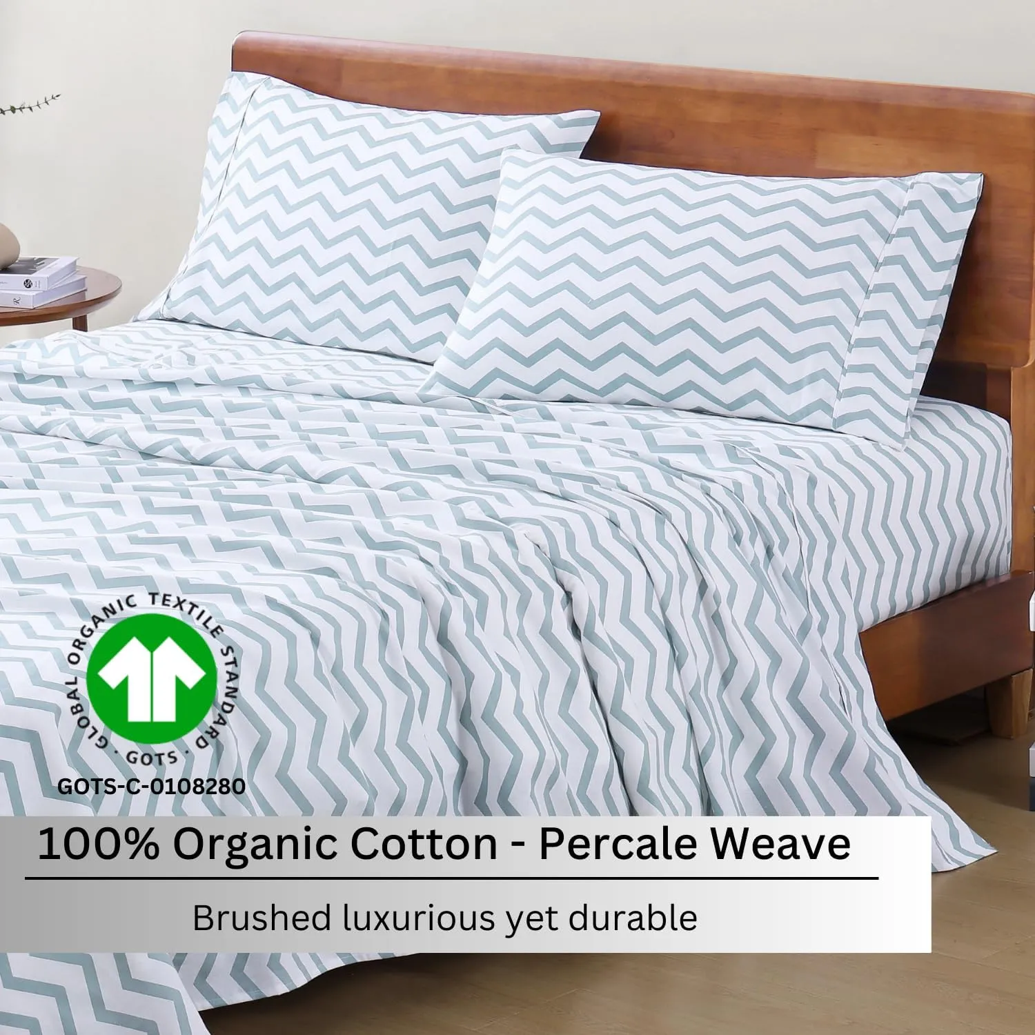 LANE LINEN 100% Organic Cotton Queen Sheets, 4-Piece Set, Luxury Percale Weave, Breathable, RV Queen Size Deep Pockets Cool Blue Chevron