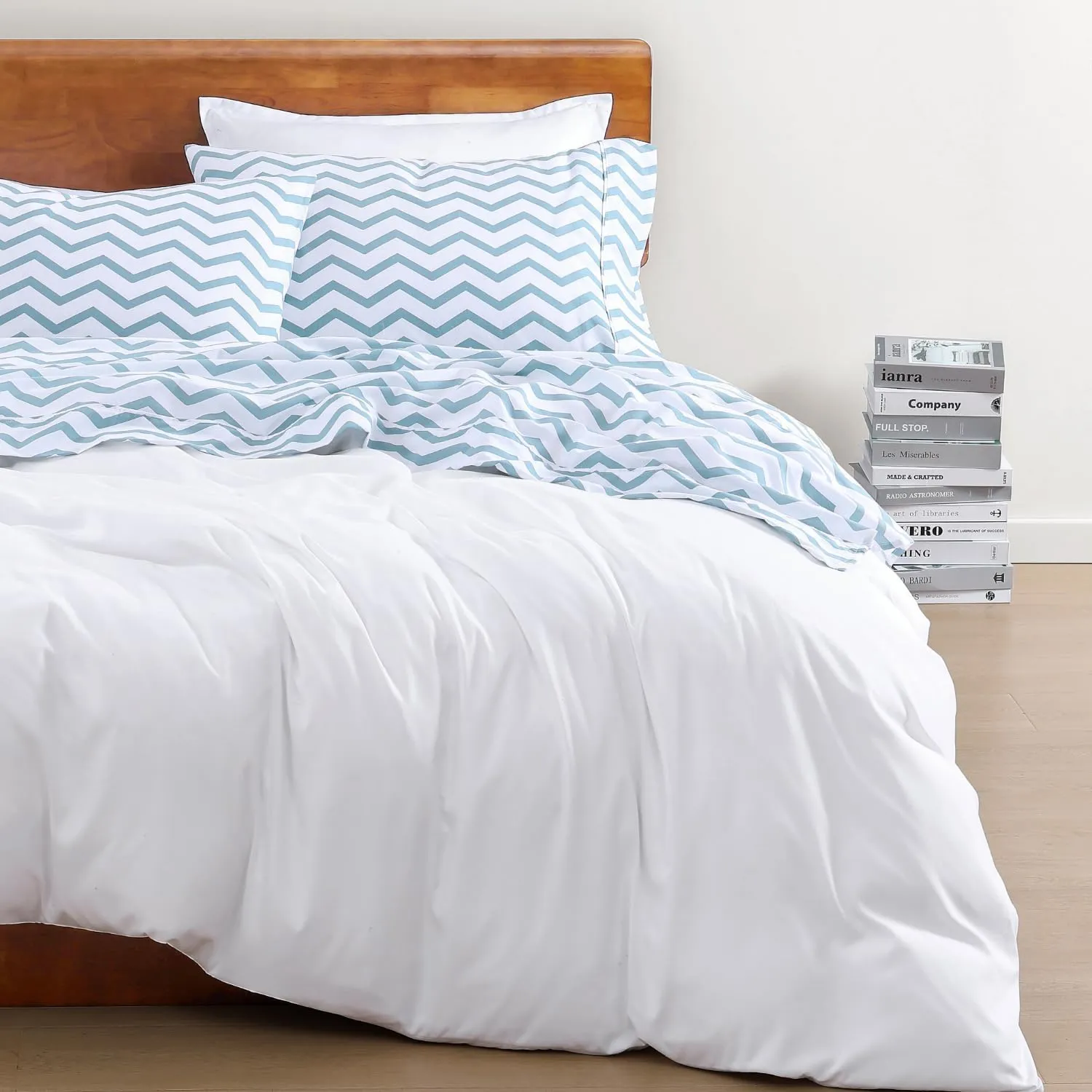 LANE LINEN 100% Organic Cotton Queen Sheets, 4-Piece Set, Luxury Percale Weave, Breathable, RV Queen Size Deep Pockets Cool Blue Chevron