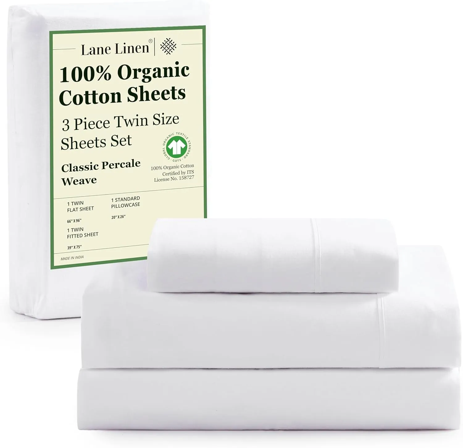 LANE LINEN 100% Organic Cotton Twin Sheets Set, 3Pc Twin Bed Sheets, Soft & Comfy Breathable Cotton Percale Sheets for Twin Size Bed, Dorm Room Essentials Low Pill Fade Resistant White Sheets