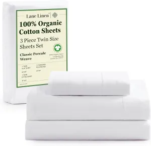 LANE LINEN 100% Organic Cotton Twin Sheets Set, 3Pc Twin Bed Sheets, Soft & Comfy Breathable Cotton Percale Sheets for Twin Size Bed, Dorm Room Essentials Low Pill Fade Resistant White Sheets