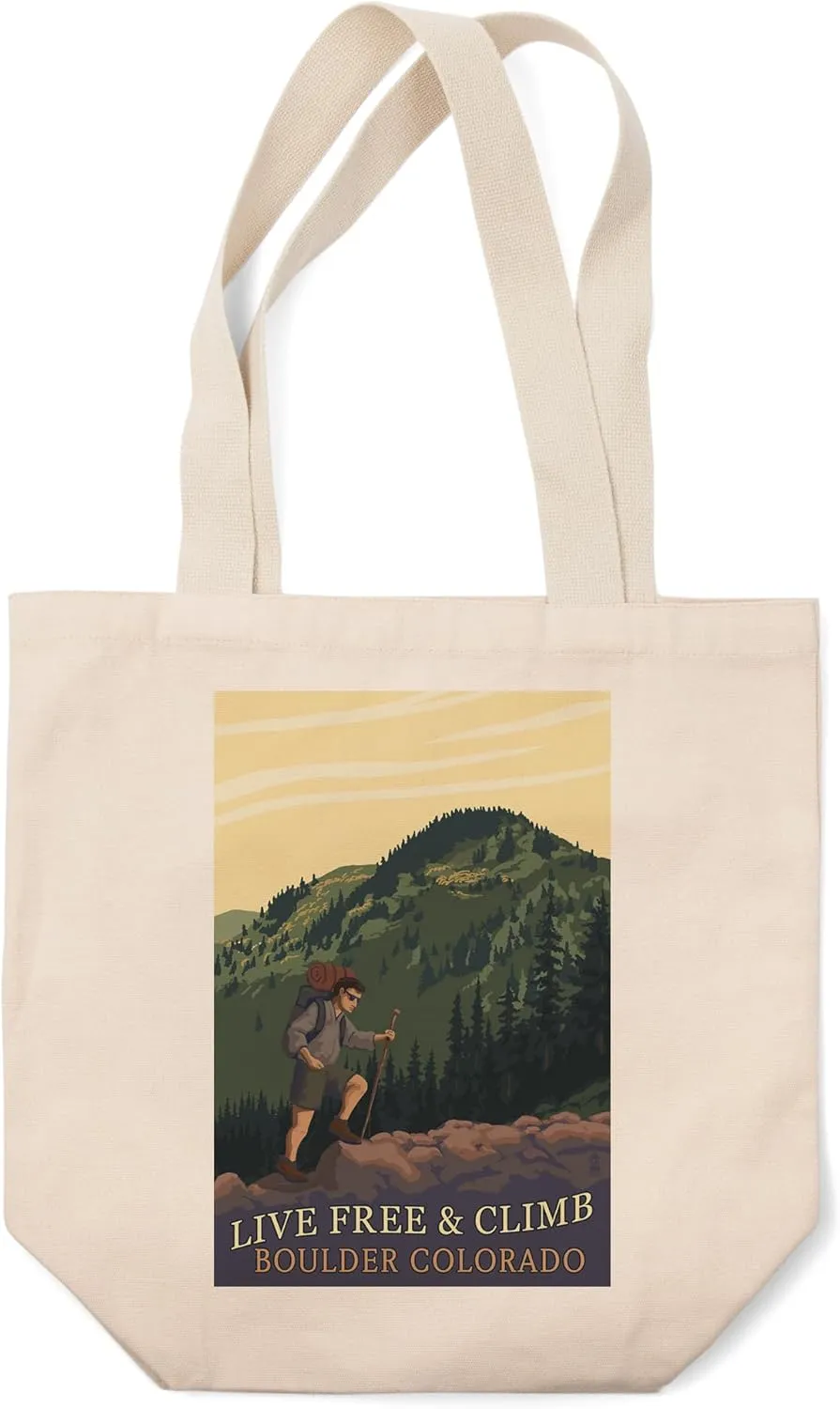Lantern Press Boulder, Colorado, Live Free and Climb (100% Cotton Canvas Reusable Tote Bag)