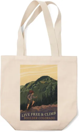 Lantern Press Boulder, Colorado, Live Free and Climb (100% Cotton Canvas Reusable Tote Bag)