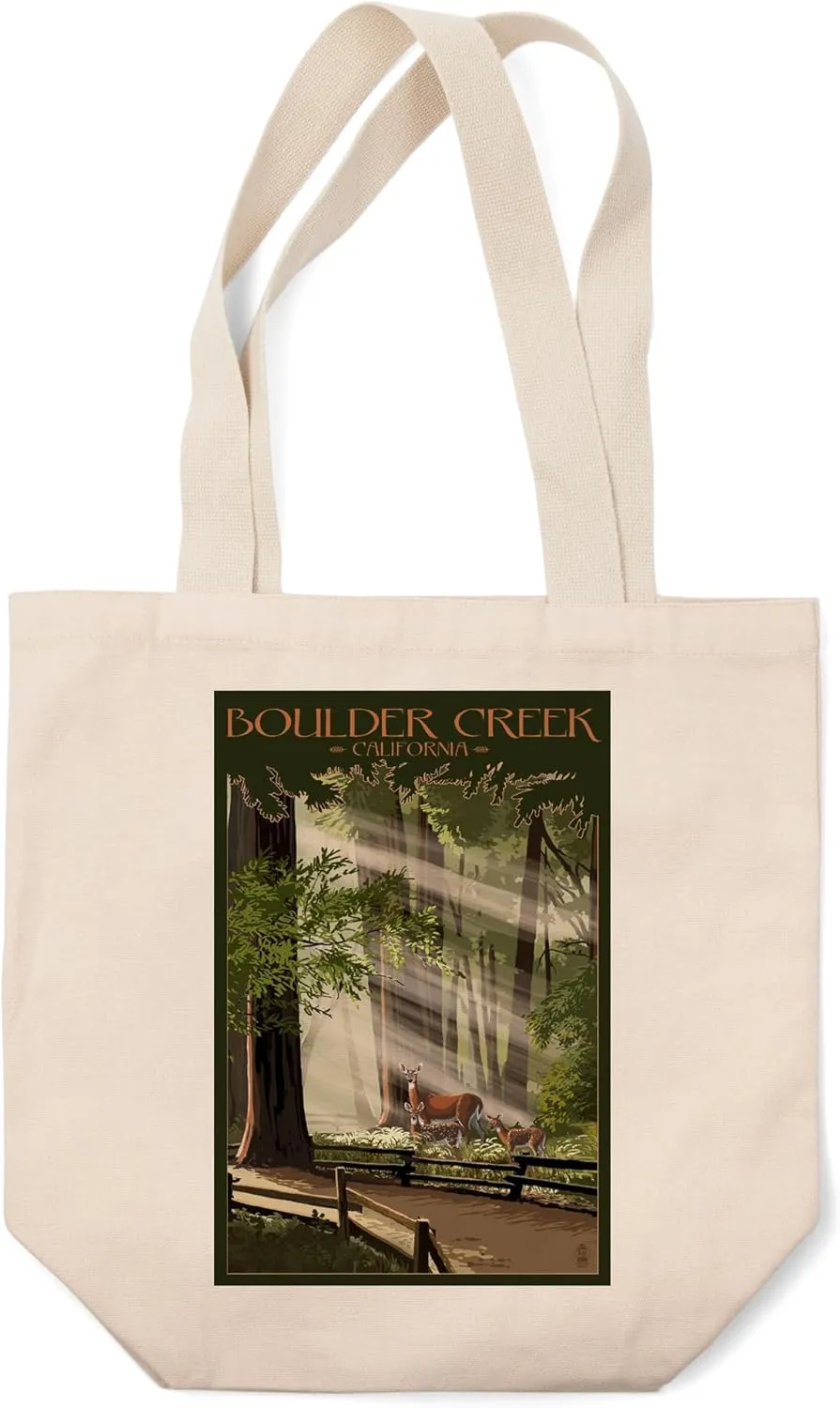 Lantern Press Boulder Creek, California, Deer and Fawns (100% Cotton Canvas Reusable Tote Bag)