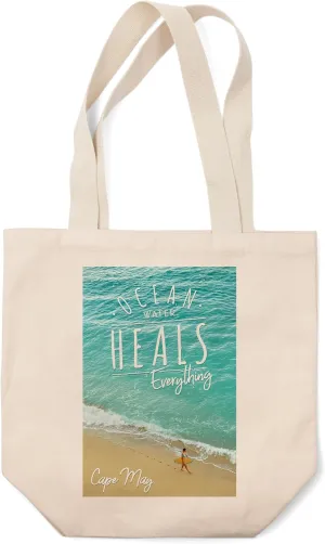 Lantern Press Cape May, Ocean Water Heals Everything, Surfer on Beach (100% Cotton Canvas Reusable Tote Bag)