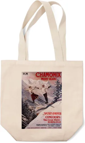 Lantern Press Chamonix Mont-Blanc, France, Couple Skiing, Vintage Travel Advertisement (100% Cotton Canvas Reusable Tote Bag)
