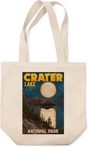 Lantern Press Crater Lake National Park, Oregon, Lake and Full Moon (100% Cotton Canvas Reusable Tote Bag)