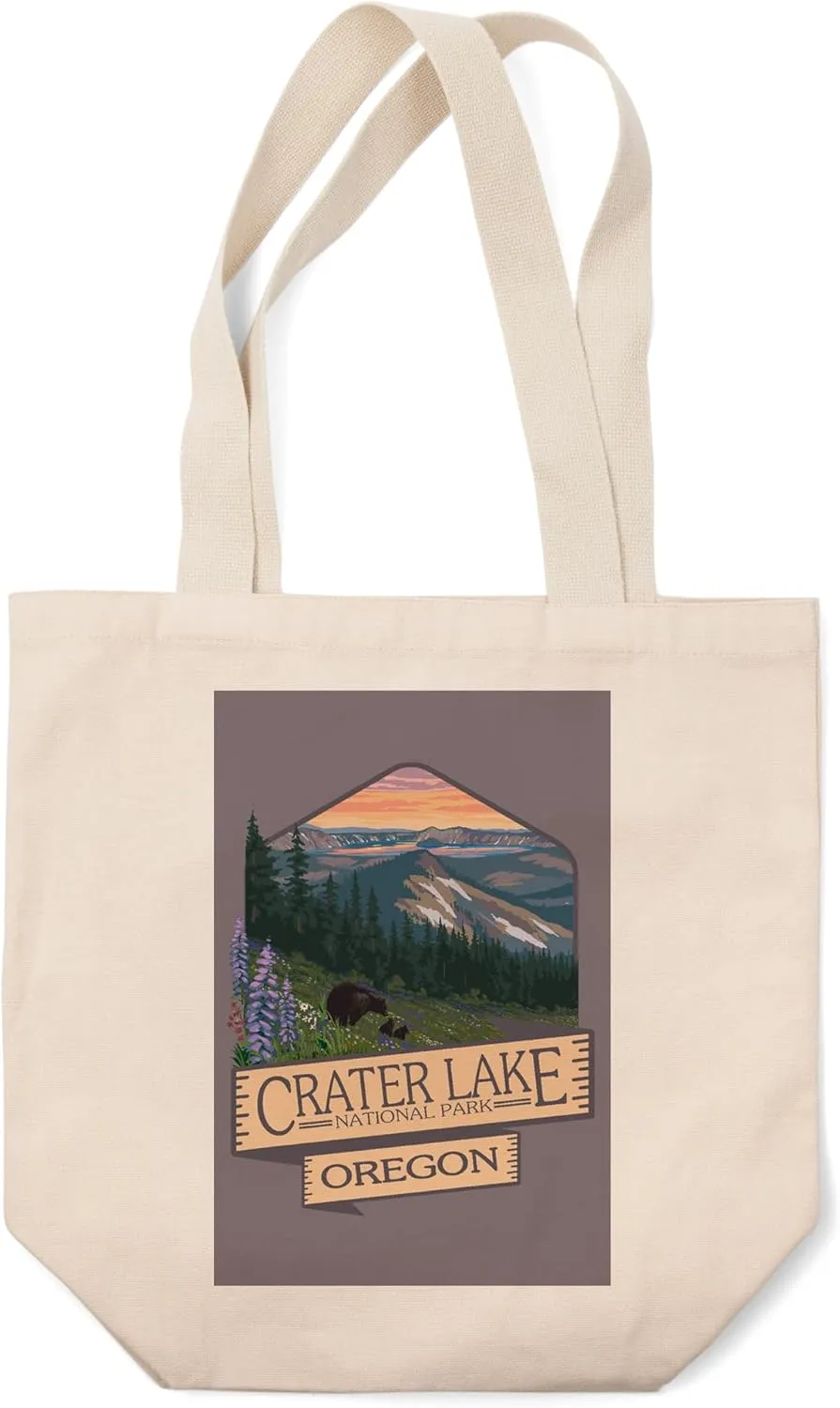 Lantern Press Crater Lake National Park, Oregon, Spring Flowers and Bear Family (100% Cotton Canvas Reusable Tote Bag)