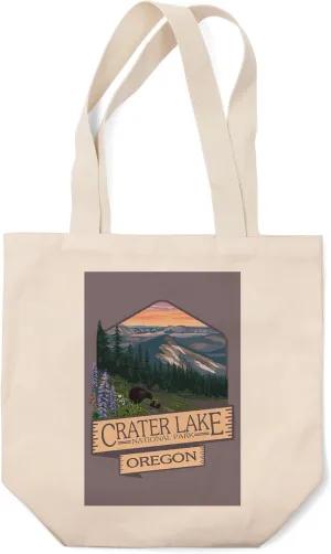 Lantern Press Crater Lake National Park, Oregon, Spring Flowers and Bear Family (100% Cotton Canvas Reusable Tote Bag)