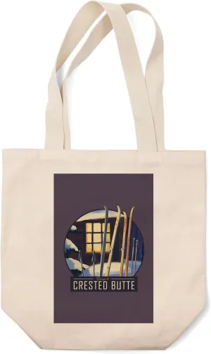 Lantern Press Crested Butte, Colorado, Skis Outside Cabin, (100% Cotton Canvas Reusable Tote Bag)