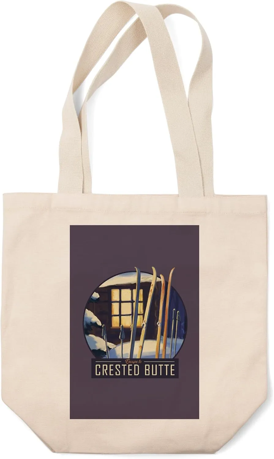 Lantern Press Crested Butte, Colorado, Skis Outside Cabin, (100% Cotton Canvas Reusable Tote Bag)