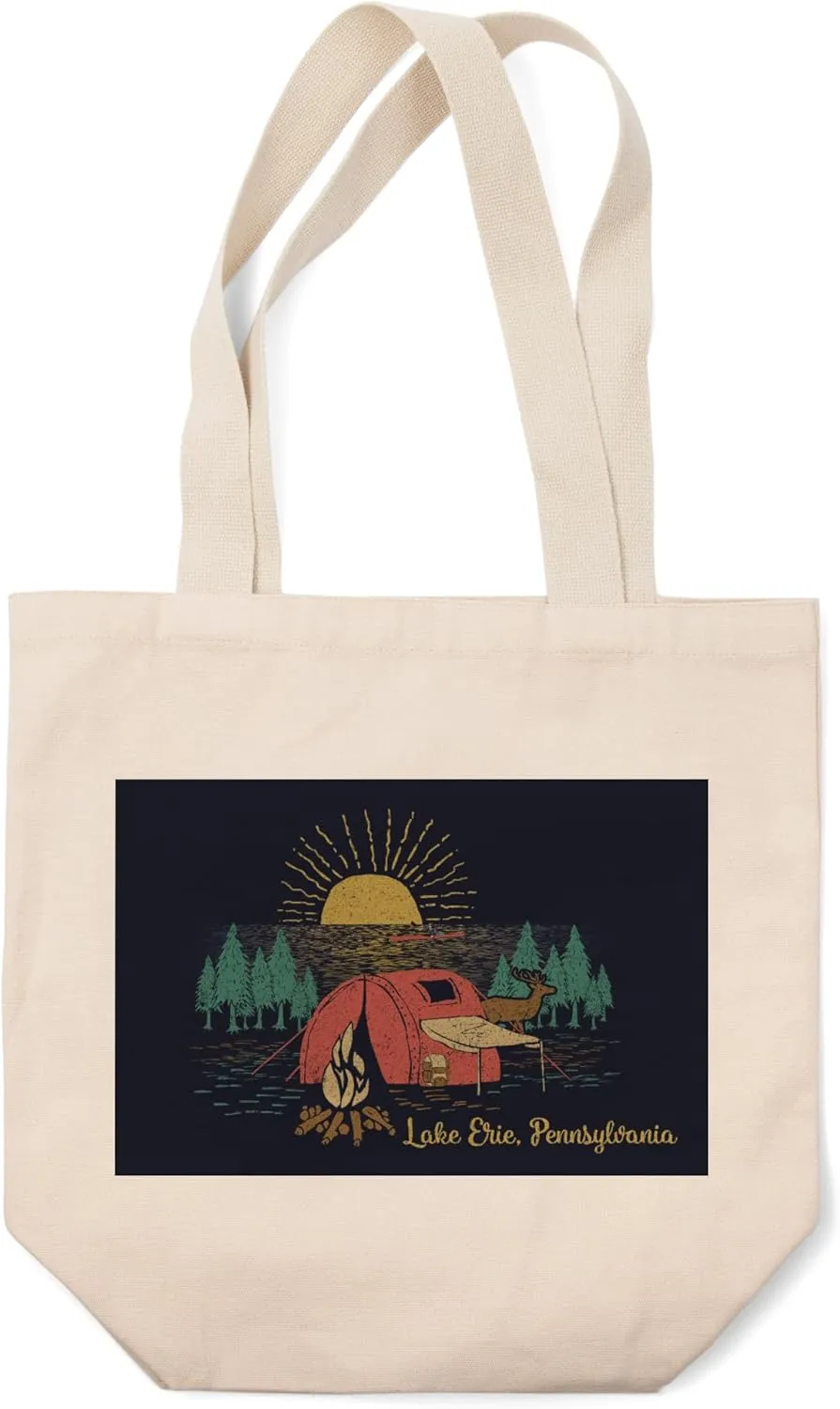 Lantern Press Lake Erie, Pennsylvania, Camping Scene, Kayaker and Lake (100% Cotton Canvas Reusable Tote Bag)