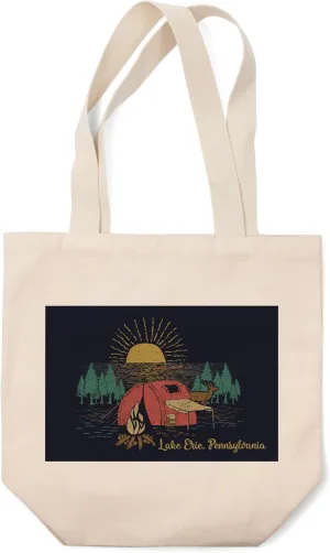 Lantern Press Lake Erie, Pennsylvania, Camping Scene, Kayaker and Lake (100% Cotton Canvas Reusable Tote Bag)