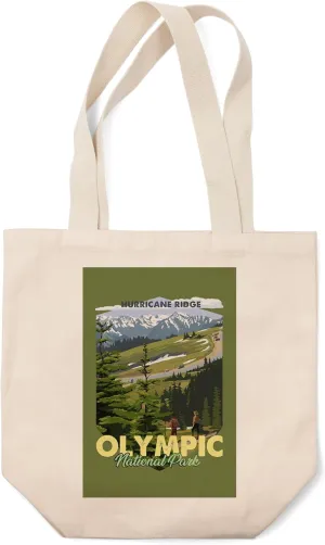 Lantern Press Olympic National Park, Washington, Hurricane Ridge and Hikers, (100% Cotton Canvas Reusable Tote Bag)