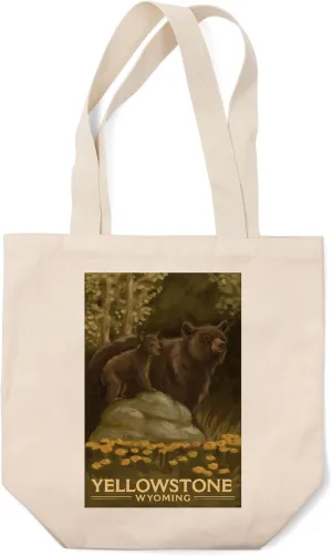 Lantern Press Yellowstone, Black Bears (100% Cotton Canvas Reusable Tote Bag)
