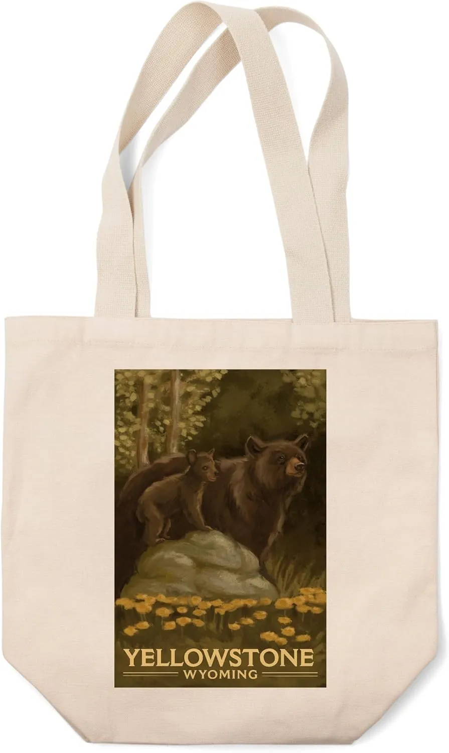 Lantern Press Yellowstone, Black Bears (100% Cotton Canvas Reusable Tote Bag)