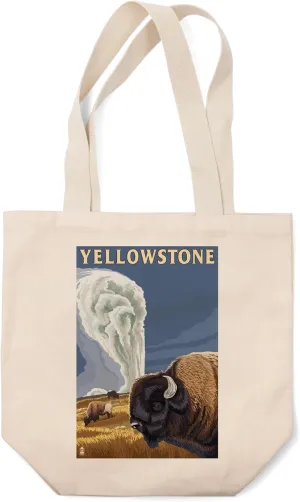 Lantern Press Yellowstone National Park, Wyoming, Bison and Old Faithful (100% Cotton Canvas Reusable Tote Bag)