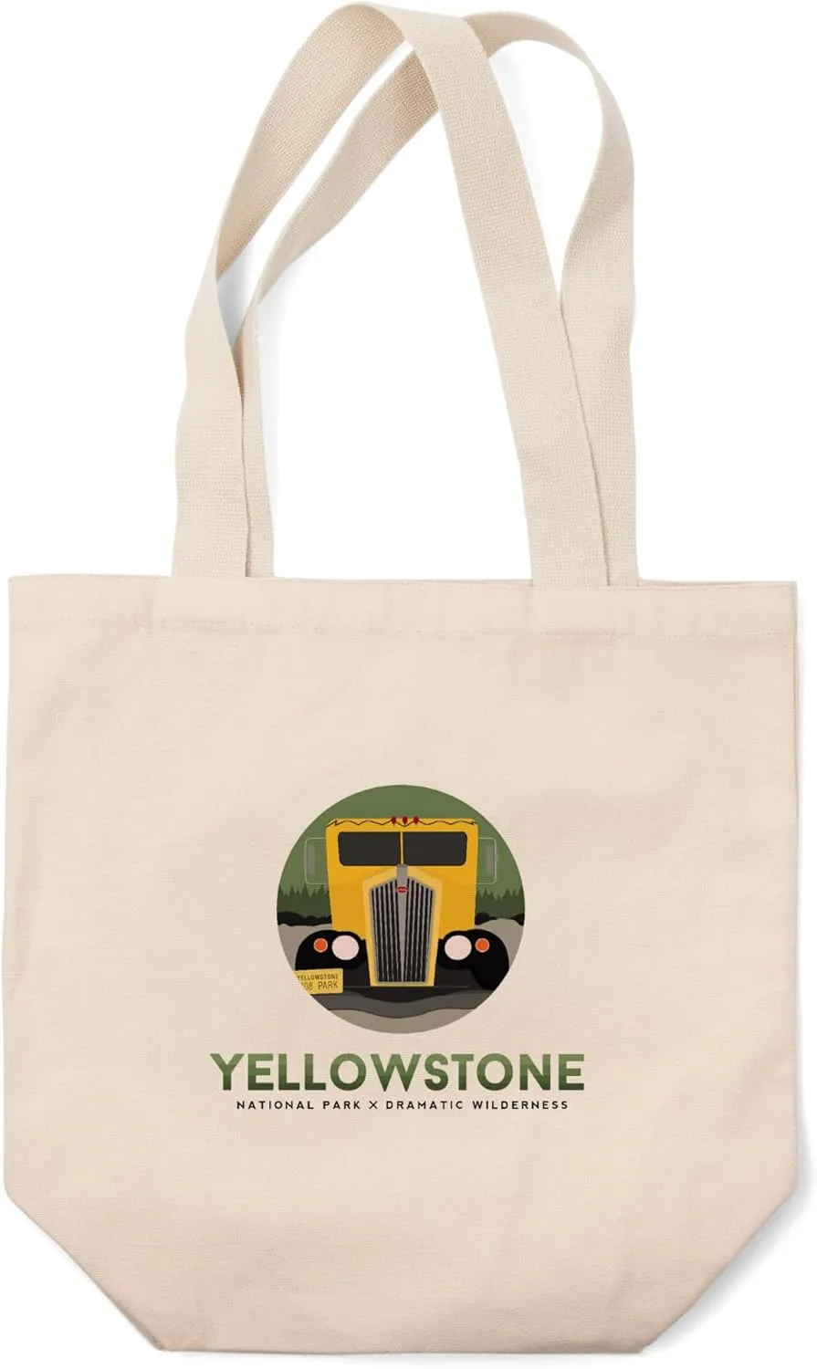 Lantern Press Yellowstone National Park, Yellow Bus Circle (100% Cotton Canvas Reusable Tote Bag)