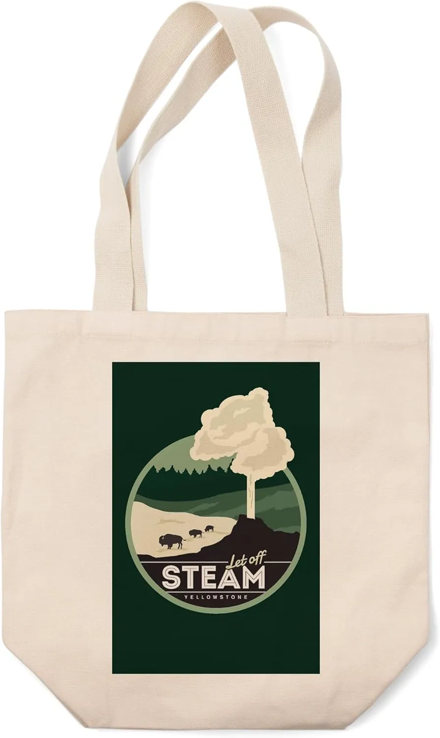 Lantern Press Yellowstone, Wyoming, Let Off Steam, Geyser, Vector Style, (100% Cotton Canvas Reusable Tote Bag)