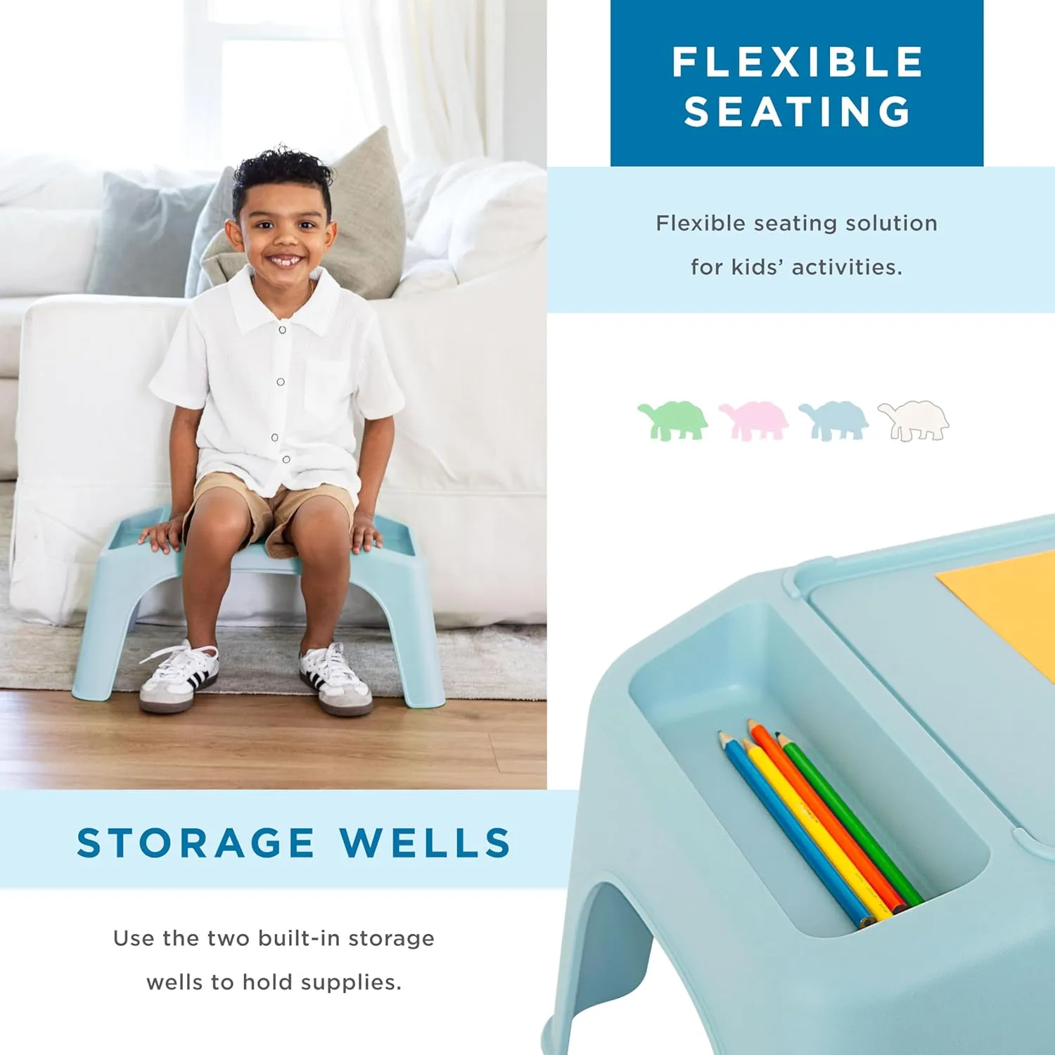 LAPGEAR Turtle Table Kids Flexible Seating Lap Desk Tray with Storage for Snacks, Play, Classroom, and Sensory Activities - Sky Blue - Pack of 8 - Style No. 20013