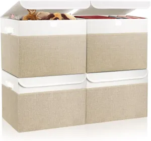 Large 22 Quart Linen Fabric Foldable Storage Bin Cube Organizer Basket with Flip-Top Lid & Handles, Clothes Blanket Box for Home, Office, Closet, Beige & White, 4 Pack 14.6 x 9.5 x 9.5”