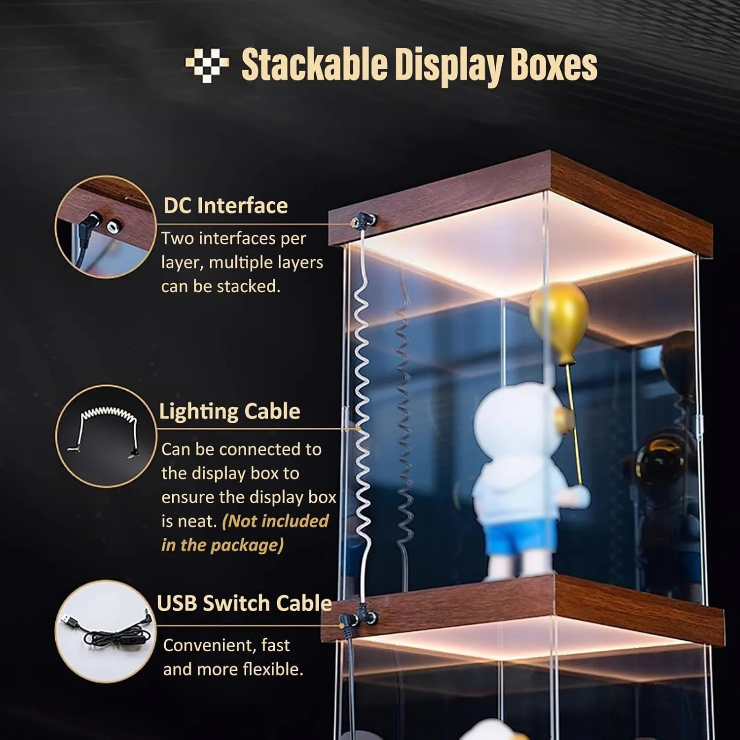 Large Clear Acrylic Display Case with Warm LED Light, Acrylic Display Box with Base and Lid, Stackable Toys Figurines Protection Storage Box(35x35x55cm/14x14x22in)
