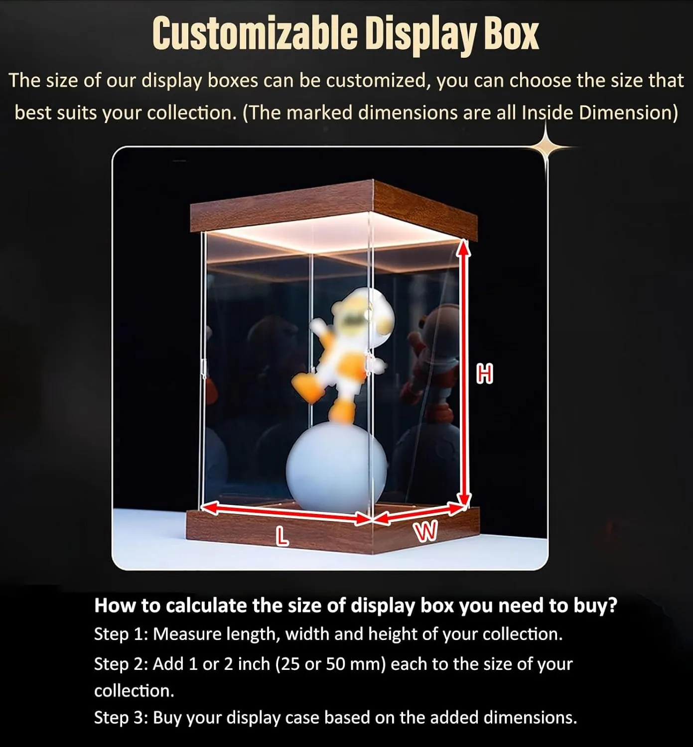 Large Clear Acrylic Display Case with Warm LED Light, Acrylic Display Box with Base and Lid, Stackable Toys Figurines Protection Storage Box(35x35x55cm/14x14x22in)