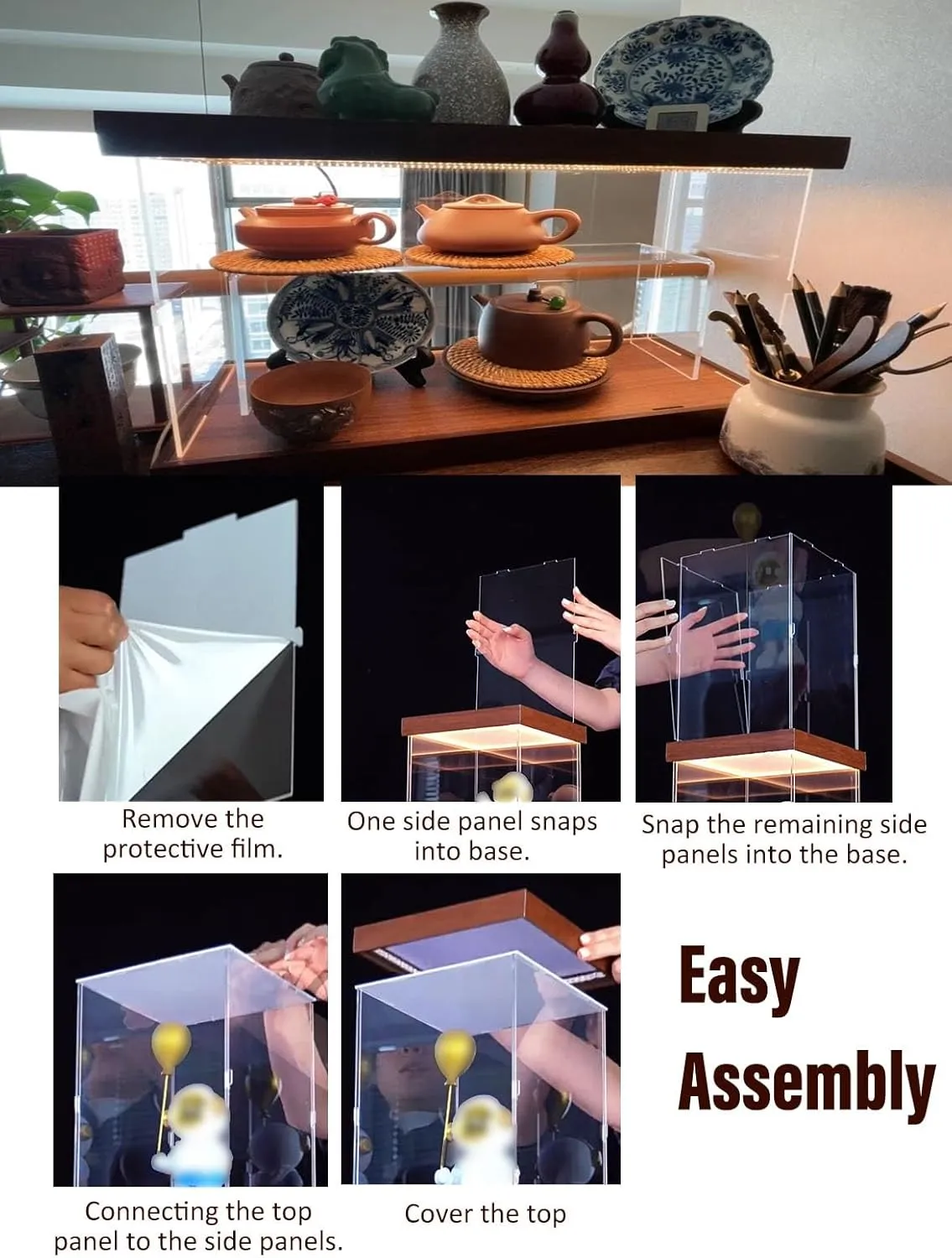 Large Clear Acrylic Display Case with Warm LED Light, Acrylic Display Box with Base and Lid, Stackable Toys Figurines Protection Storage Box(35x35x55cm/14x14x22in)