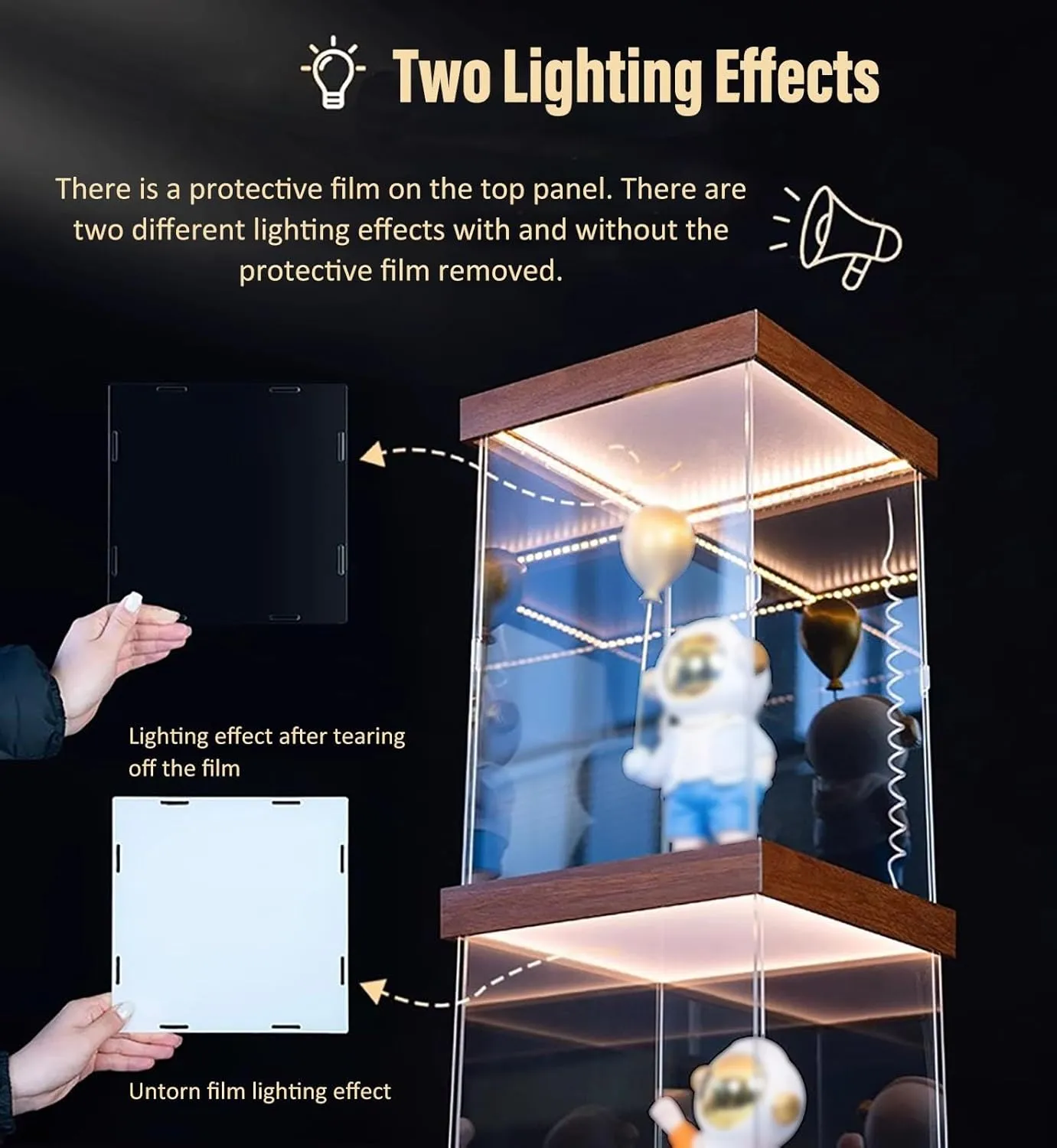 Large Clear Acrylic Display Case with Warm LED Light, Acrylic Display Box with Base and Lid, Stackable Toys Figurines Protection Storage Box(35x35x55cm/14x14x22in)