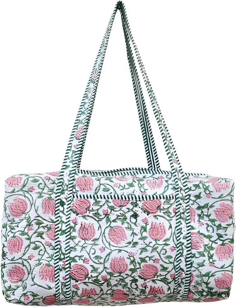 Large Cotton Quilted weekender Floral Block Printed Luggage Travel Duffle Bag for Women Holiday Gifts Overnight Beach Trip Bag