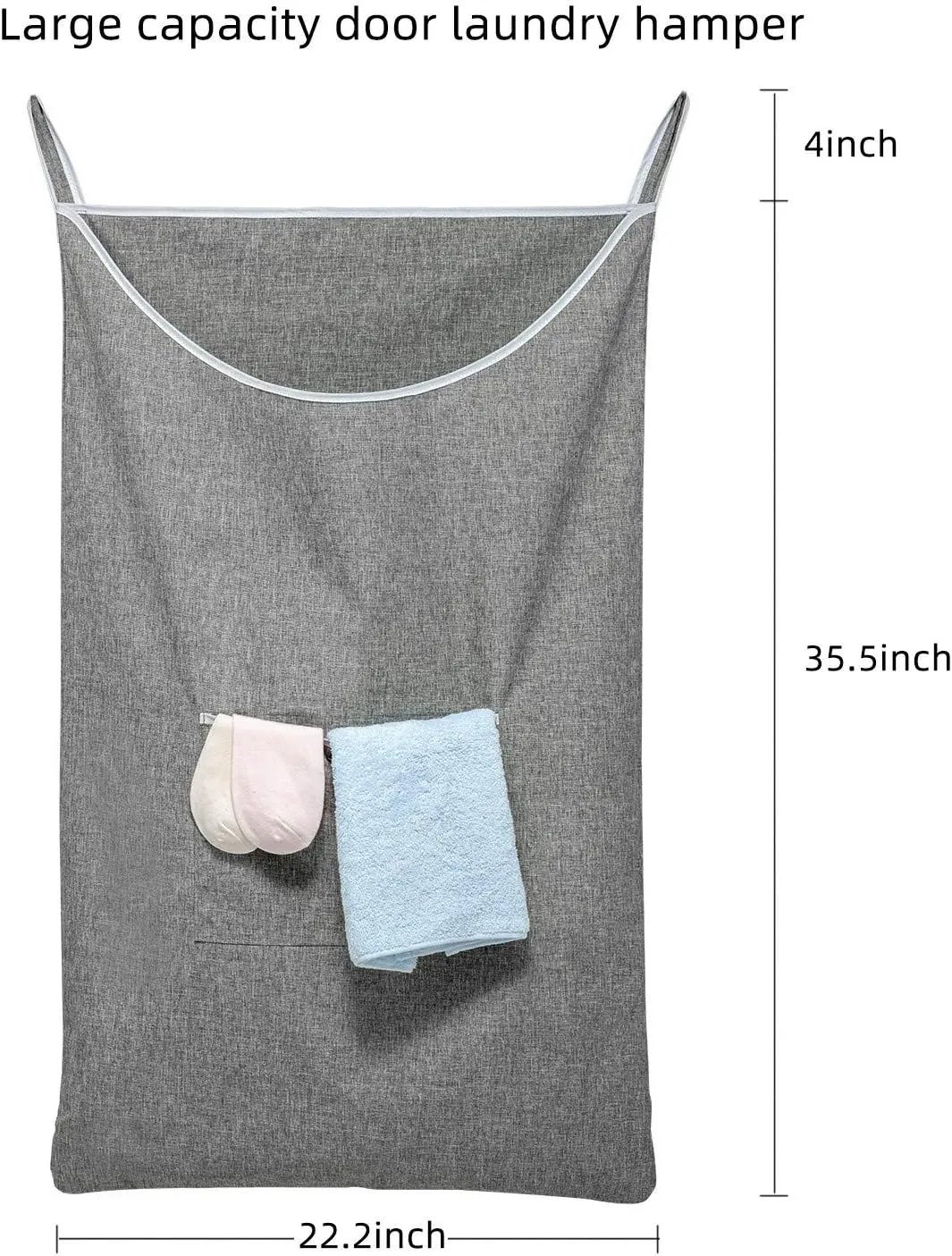 Large Hanging Laundry Hamper Bag, Door Hanging Hamper with Front Pocket Dirty Clothes Hanging Laundry Bag Large Size 35X22inch Door Laundry Basket (Grey)