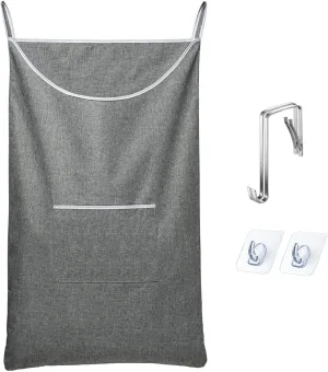 Large Hanging Laundry Hamper Bag, Door Hanging Hamper with Front Pocket Dirty Clothes Hanging Laundry Bag Large Size 35X22inch Door Laundry Basket (Grey)