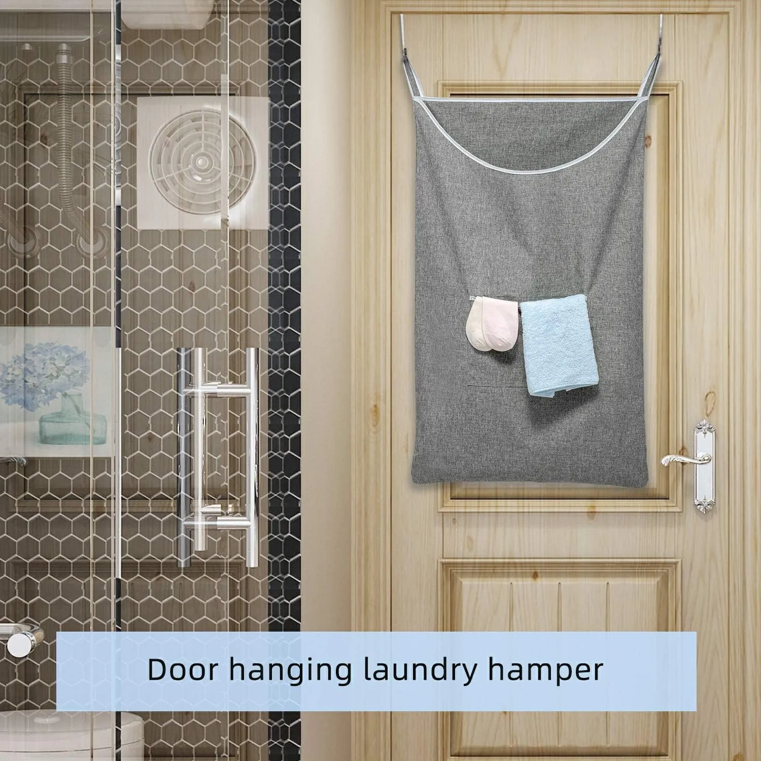 Large Hanging Laundry Hamper Bag, Door Hanging Hamper with Front Pocket Dirty Clothes Hanging Laundry Bag Large Size 35X22inch Door Laundry Basket (Grey)