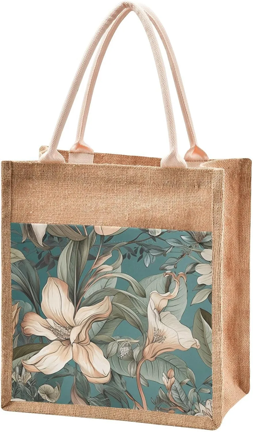 Large Jute Beach Bag Cotton Filled Handle Top Zipper Closure Burlap Tote Handbag 4 Size Pattern 1