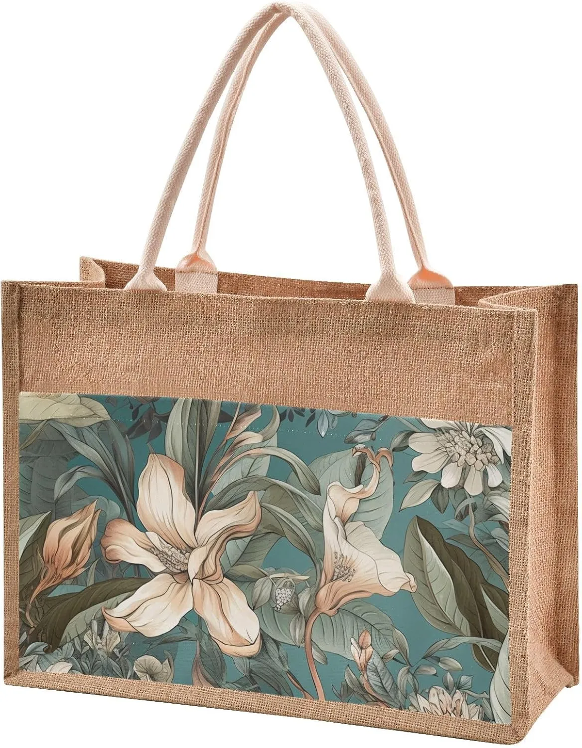 Large Jute Beach Bag Cotton Filled Handle Top Zipper Closure Burlap Tote Handbag 4 Size Pattern 1