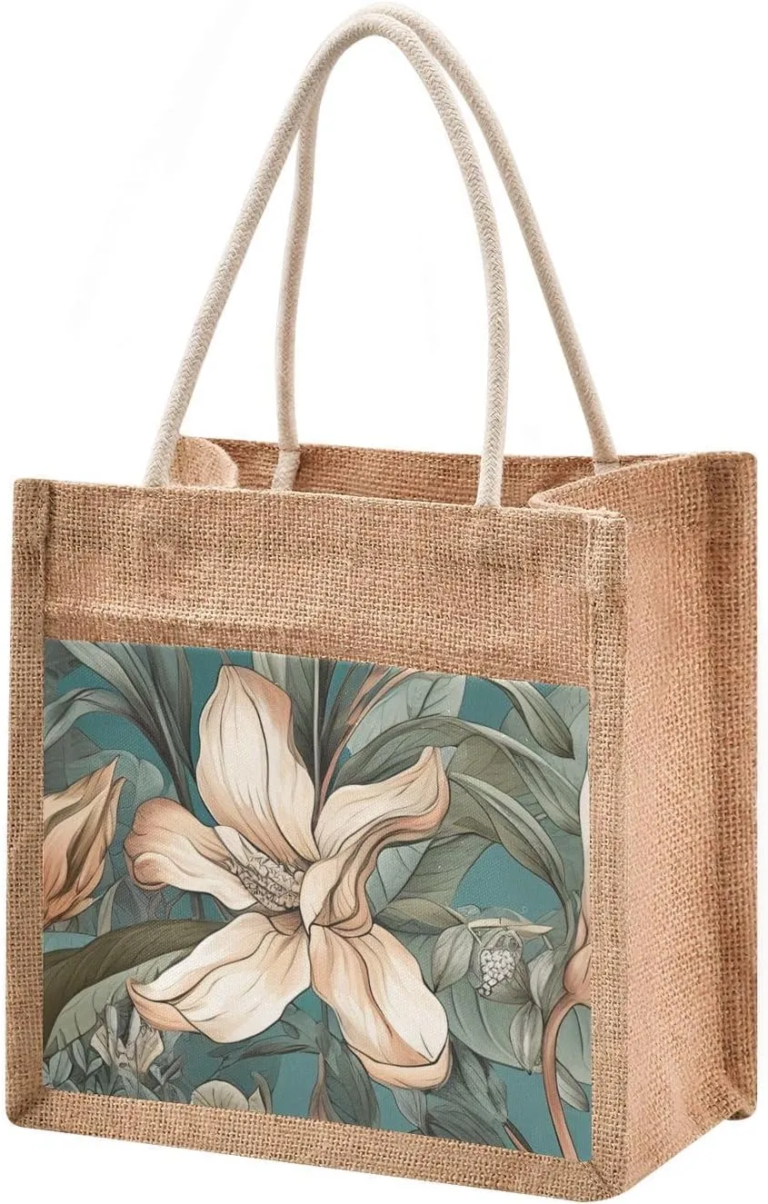 Large Jute Beach Bag Cotton Filled Handle Top Zipper Closure Burlap Tote Handbag 4 Size Pattern 1