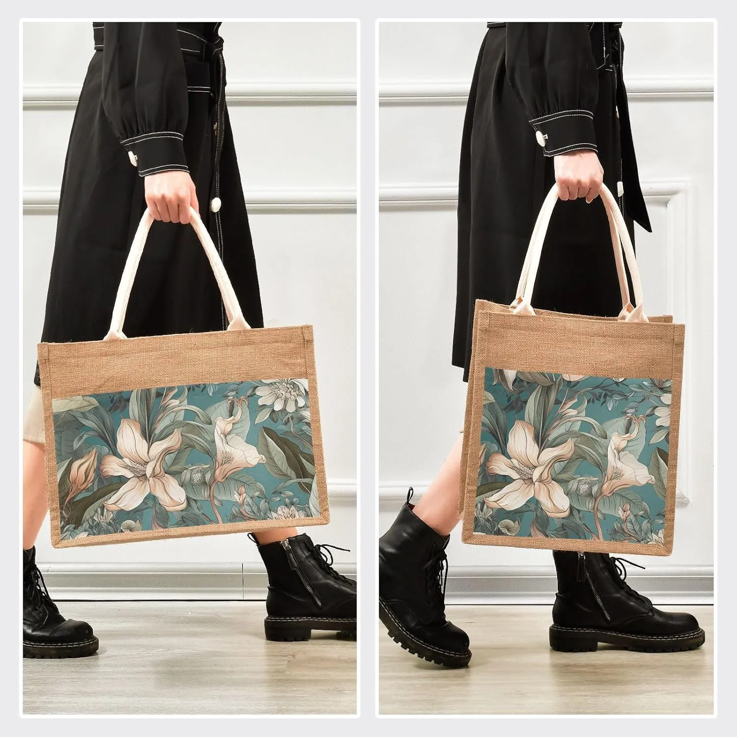 Large Jute Beach Bag Cotton Filled Handle Top Zipper Closure Burlap Tote Handbag 4 Size Pattern 1