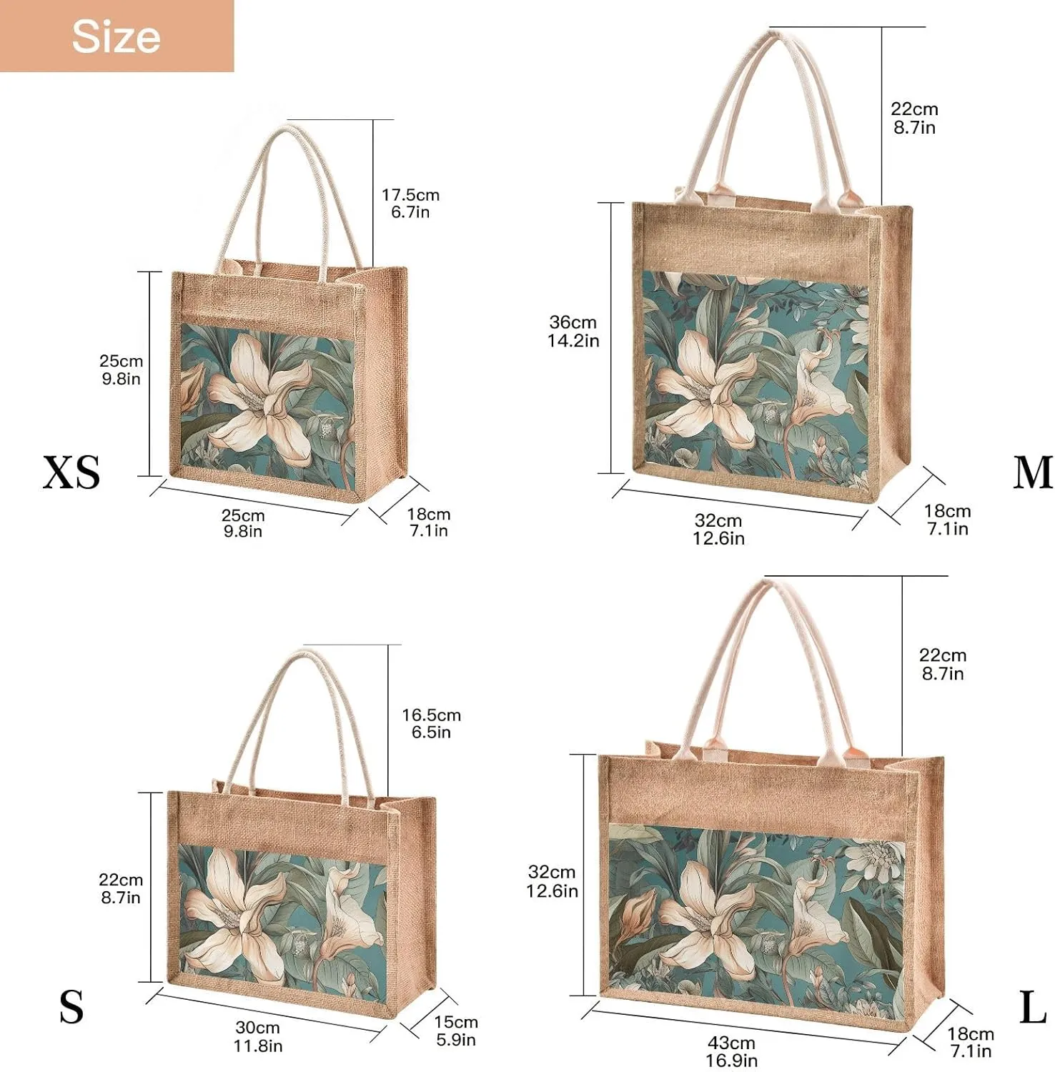 Large Jute Beach Bag Cotton Filled Handle Top Zipper Closure Burlap Tote Handbag 4 Size Pattern 1