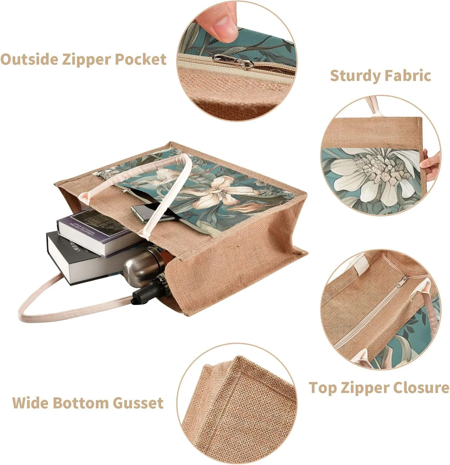 Large Jute Beach Bag Cotton Filled Handle Top Zipper Closure Burlap Tote Handbag 4 Size Pattern 1