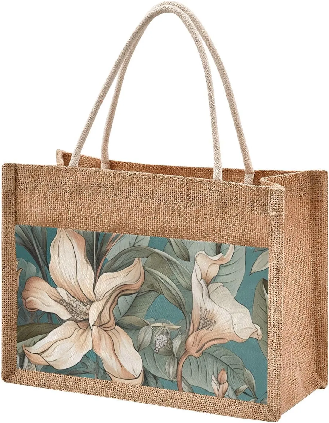 Large Jute Beach Bag Cotton Filled Handle Top Zipper Closure Burlap Tote Handbag 4 Size Pattern 1