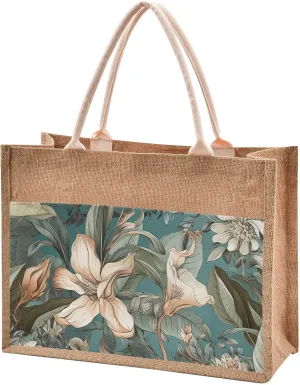 Large Jute Beach Bag Cotton Filled Handle Top Zipper Closure Burlap Tote Handbag 4 Size Pattern 1