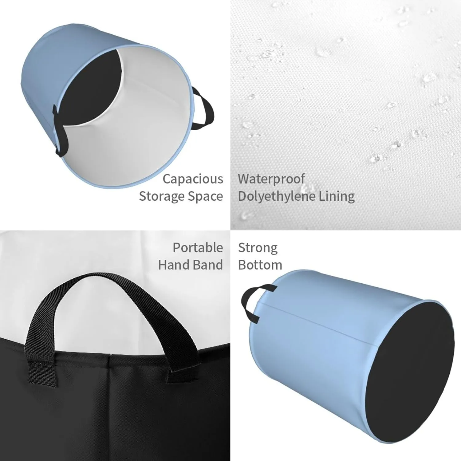 Large Laundry Basket, Dirty Clothes Hamper Toys Storage Bag Pale Blue Solid Color Waterproof Foldable Washing Bin for College Dorms 15.7" x 19.6"