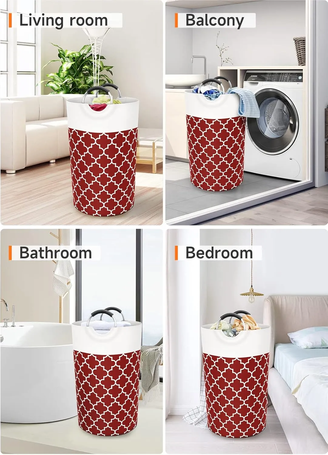 Large Laundry Basket Laundry Hamper Bag Washing Bin Clothes Bag Collapsible Tall with Handles Waterproof Travel Bathroom College Essentials Storage for College Dorm, Family, 82L (Red)