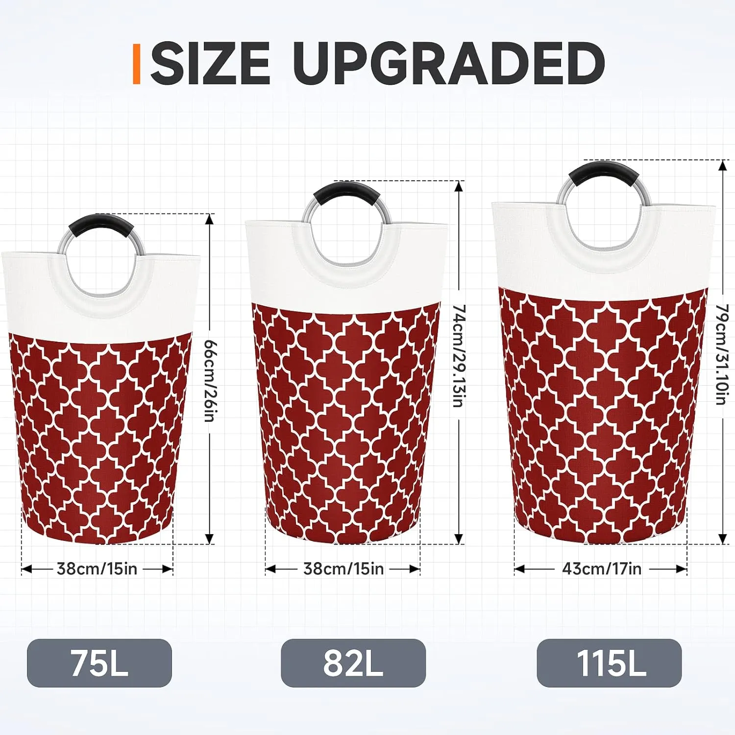 Large Laundry Basket Laundry Hamper Bag Washing Bin Clothes Bag Collapsible Tall with Handles Waterproof Travel Bathroom College Essentials Storage for College Dorm, Family, 82L (Red)