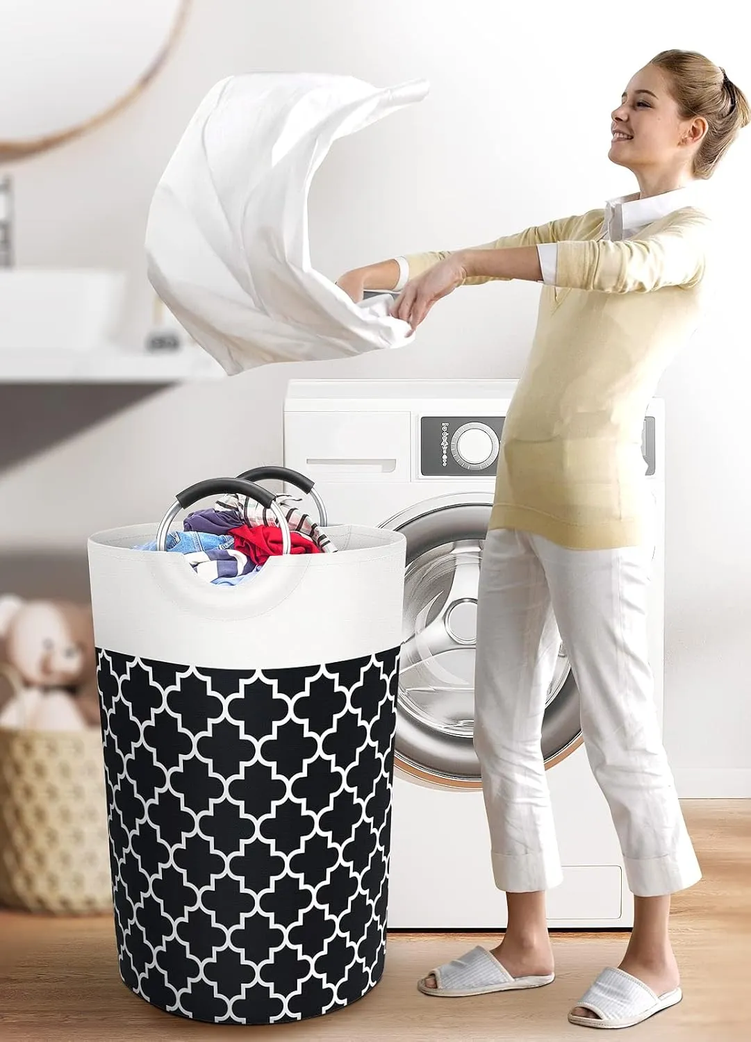 Large Laundry Basket Laundry Hamper Bag Washing Bin Clothes Bag Collapsible Tall with Handles Waterproof Travel Bathroom College Essentials Storage for College Dorm, Family (Black) 115L