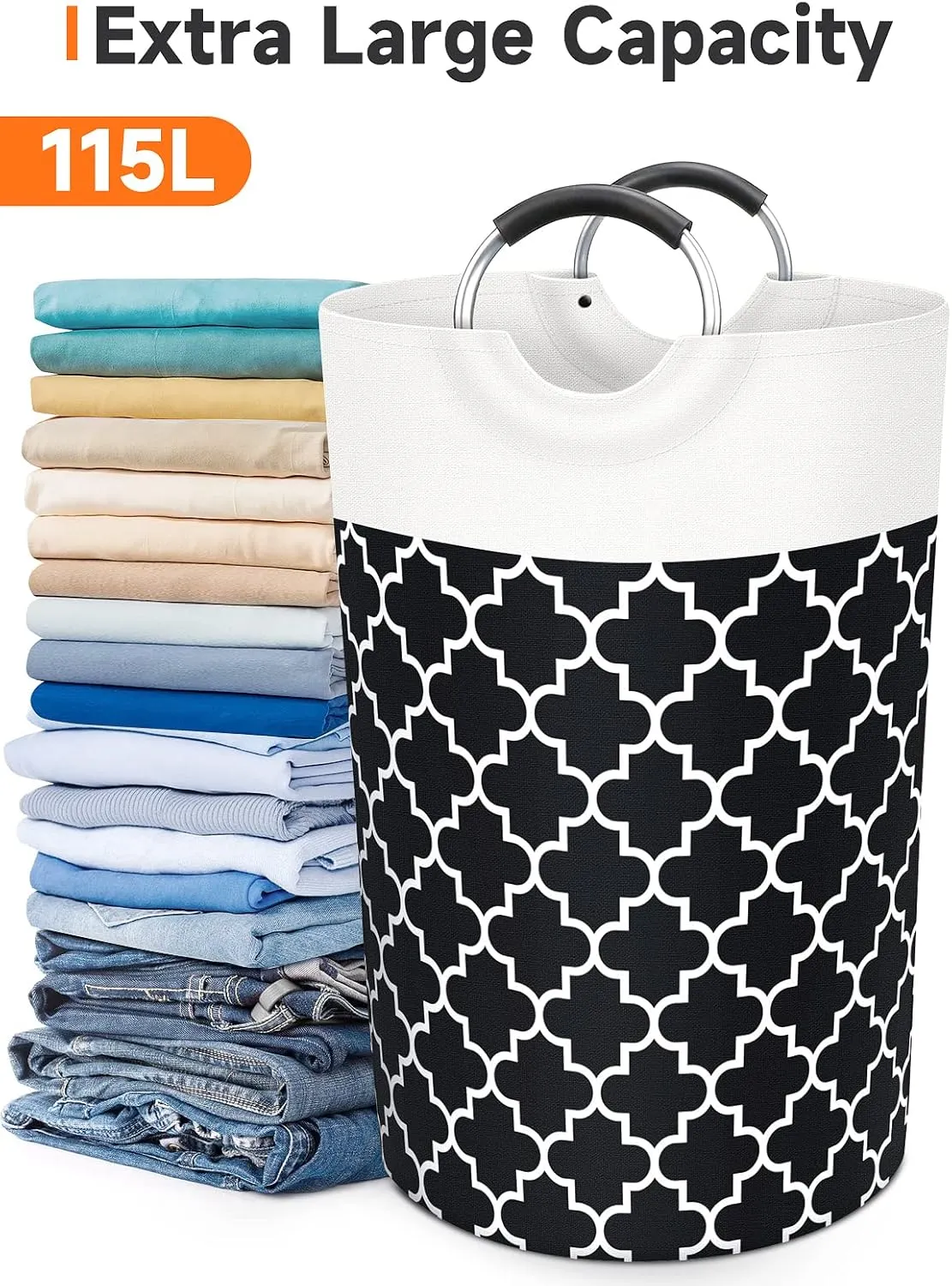 Large Laundry Basket Laundry Hamper Bag Washing Bin Clothes Bag Collapsible Tall with Handles Waterproof Travel Bathroom College Essentials Storage for College Dorm, Family (Black) 115L