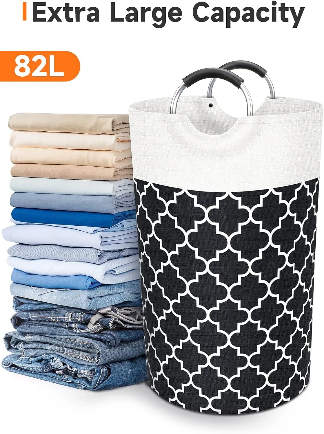 Large Laundry Basket Laundry Hamper Bag Washing Bin Clothes Bag Collapsible Tall With Handles Waterproof Travel Bathroom College Essentials Storage For College Dorm, Family (Black)82L
