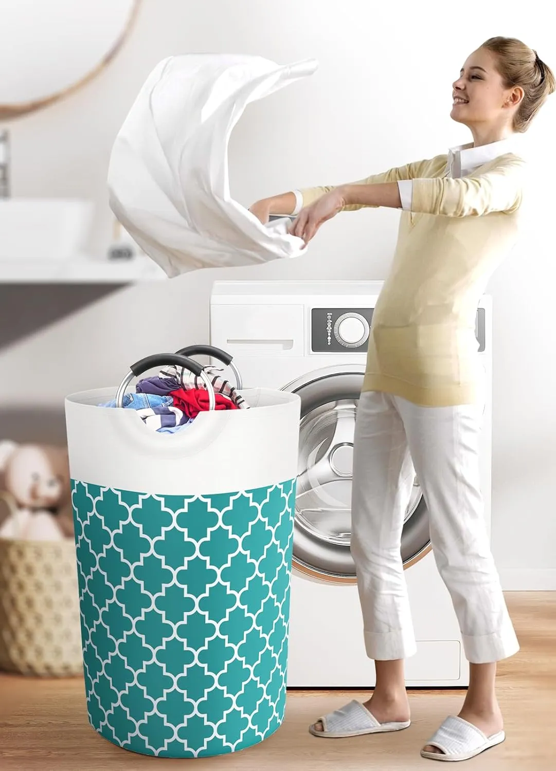 Large Laundry Basket Laundry Hamper Bag Washing Bin Clothes Bag Collapsible Tall with Handles Waterproof Travel Bathroom College Essentials Storage for College Dorm, Family (Green) 115L
