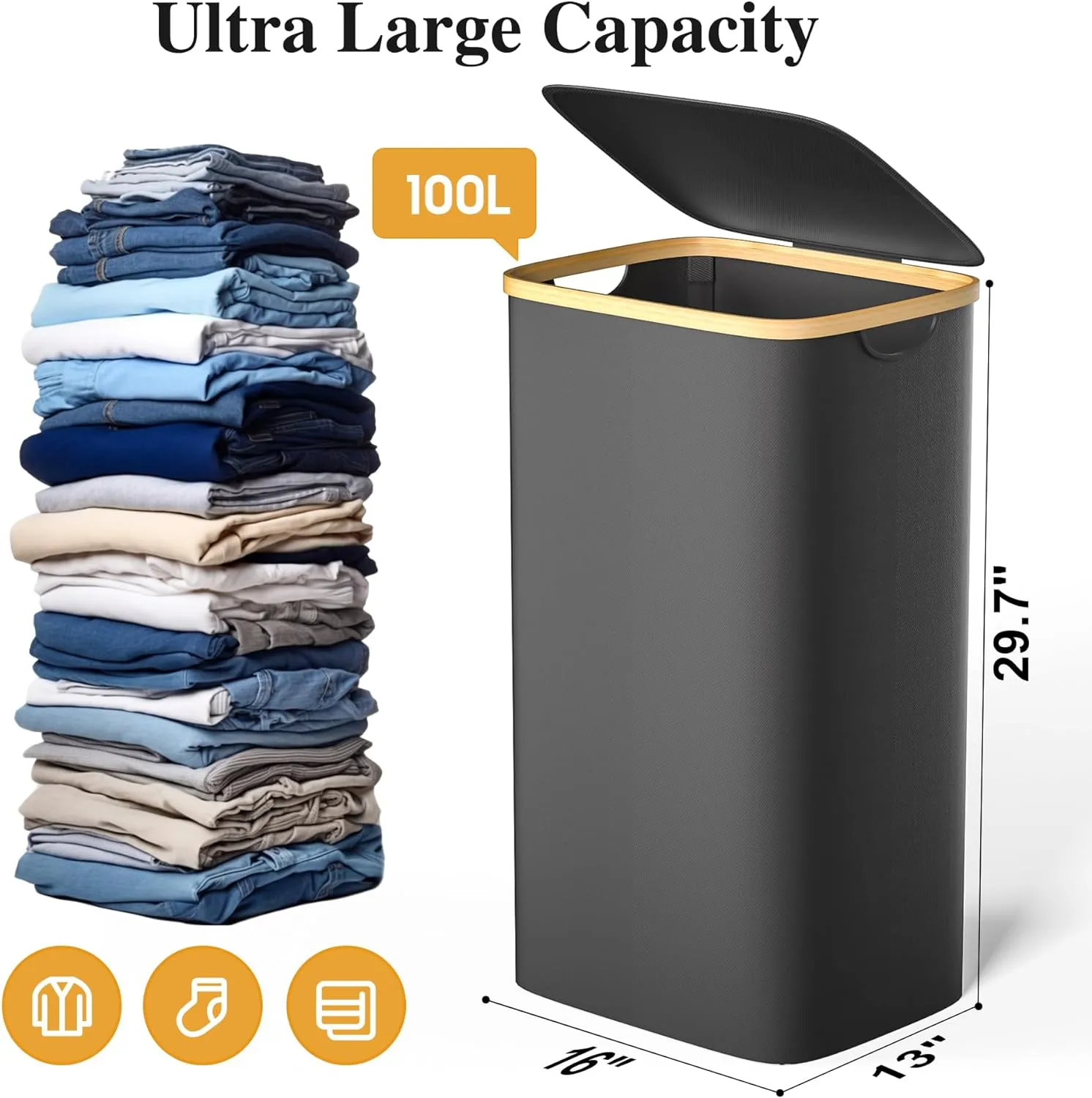 Large Laundry Hamper, 100L Waterproof Laundry Basket with Lid and Removable Bag, Collapsible Tall Clothes Hamper with Bamboo Handles for Clothes Toys in Dorm Bedroom Bathroom, Black