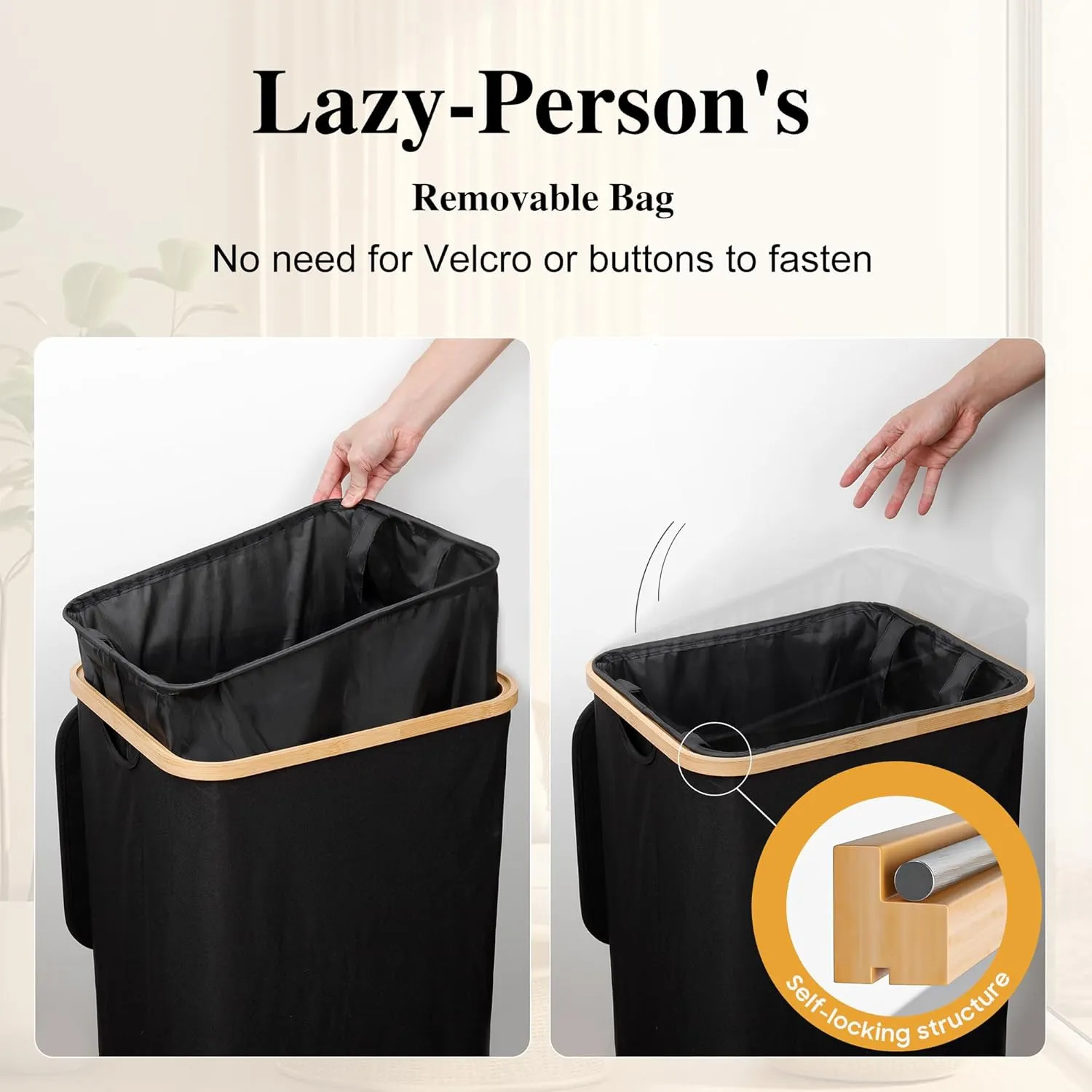 Large Laundry Hamper, 100L Waterproof Laundry Basket with Lid and Removable Bag, Collapsible Tall Clothes Hamper with Bamboo Handles for Clothes Toys in Dorm Bedroom Bathroom, Black